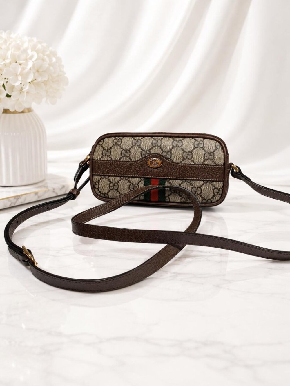 Authentic Gucci Ophidia GG Mini Crossbody Bag Beige Ebony